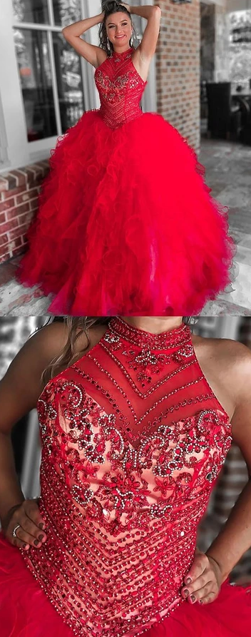 UNIQUE RED TULLE BEADS TULLE LONG PROM DRESS FOR TEENS, RED TULLE EVENING DRESS cg4874