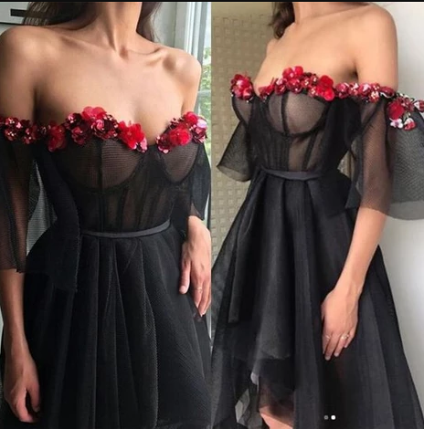 Off the Shoulder Black Prom Dress With Flower  cg4882