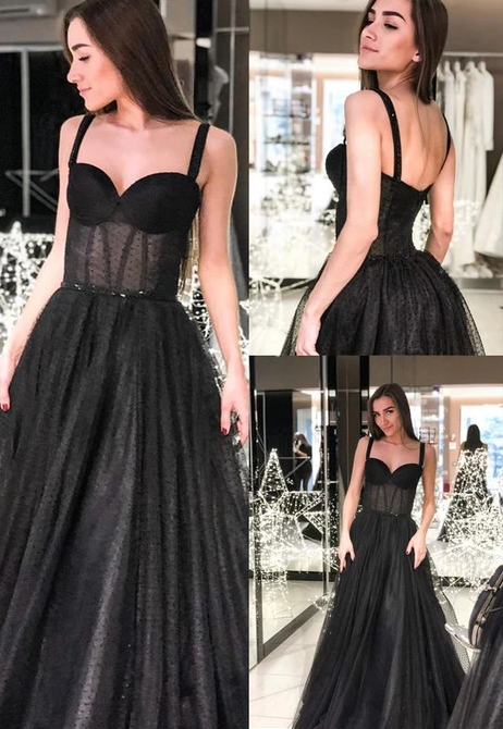 Modest A-Line Straps Long Prom Dress Sleeveless Black Evening Dress cg4595