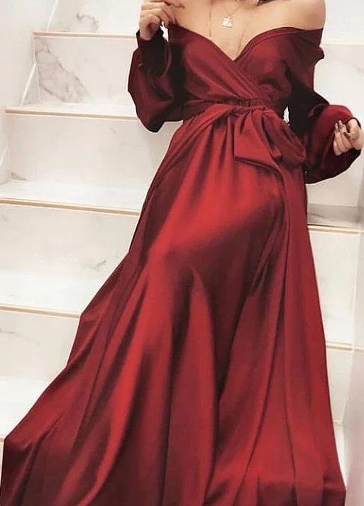 A-line Off-the-shoulder Long Sleeve Burgundy Long Prom Dress Evening Dress  cg4921