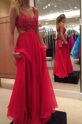 Spaghetti Strap Red Prom Gown,Chiffon Backless Formal Gown,Beading Prom Dress cg4624