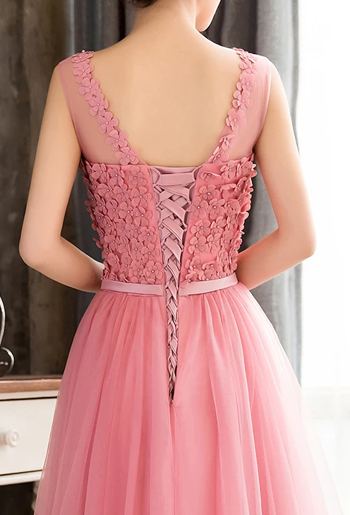 Pink Sleeveless Prom Dress with Flowers, A Line Floor Length Tulle Evening Dress cg4950