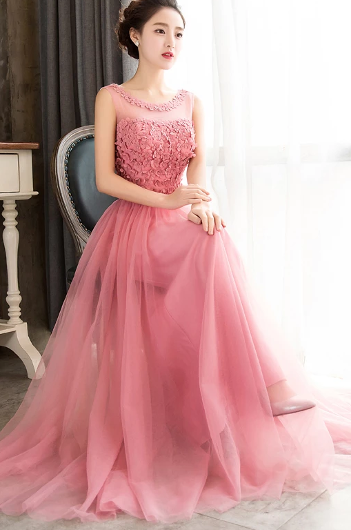 Pink Sleeveless Prom Dress with Flowers, A Line Floor Length Tulle Evening Dress cg4950