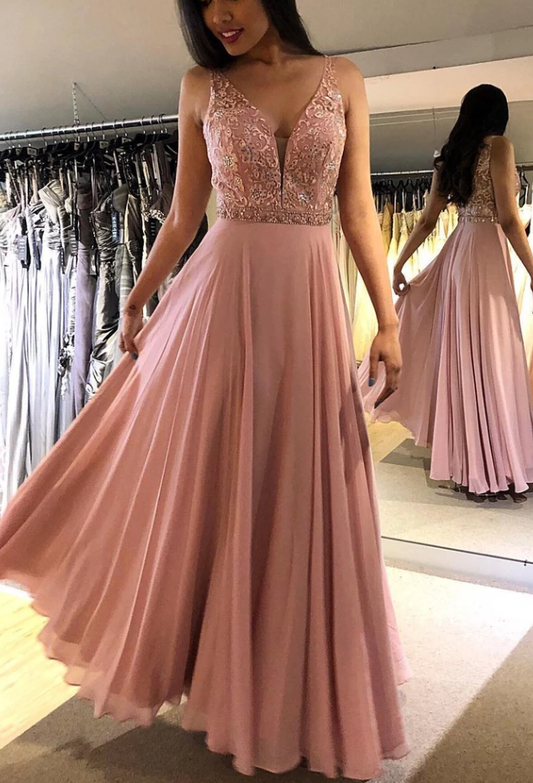 Blush V Neck Sleeveless Floor Length Prom Dresses, Sparkly Chiffon Long Formal Dress  cg4952