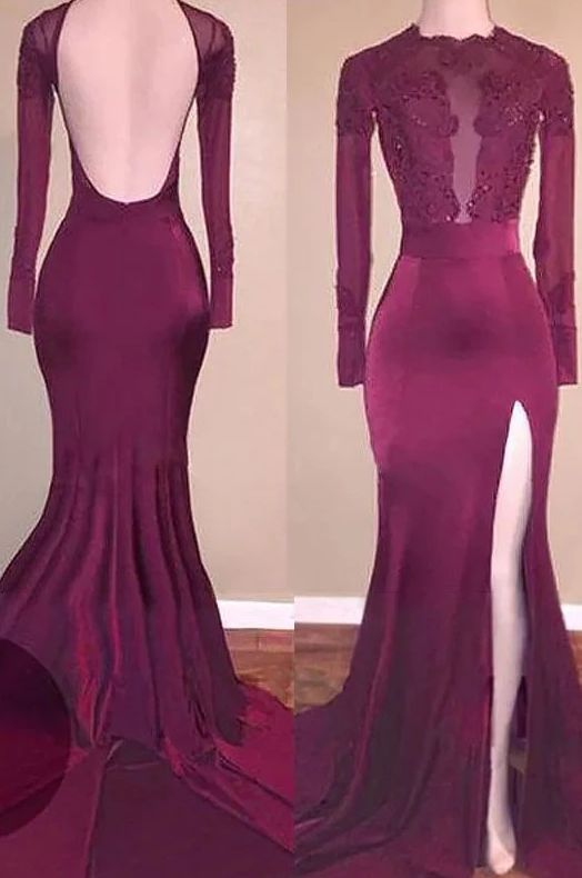 Mermaid Long Sleeves Applique Backless Prom Dresses, Long Split Evening Dresses cg4954