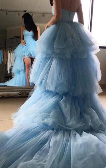 Blue Sweetheart Tulle High Low Prom Dresses with Long Train, Unique Strapless Party Dress  cg4957