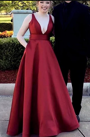 Burgundy Deep V Neck Satin Long Prom Dress, Floor Length Formal Evening Gown cg4959