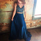 blue two pieces long prom dress, blue evening dress, formal dress cg496