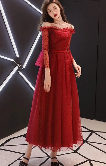 BURGUNDY TULLE LACE TEA LENGTH PROM DRESS, BURGUNDY EVENING DRESS cg4965