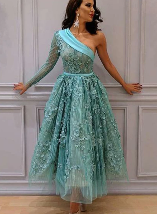 One Shoulder Blue Long Prom Dresses with Sleeve Appliques Evening Dresses cg4972