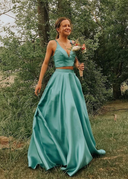 Green two pieces satin long prom dress, evening dress cg4976