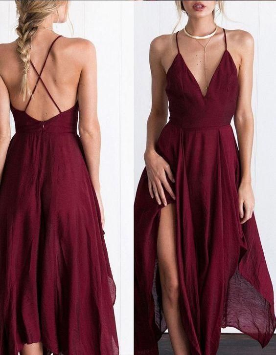 Sexy Dark Red Chiffon V-neck Dresses ,Cheap Spaghetti Straps Short Prom Dresses cg498