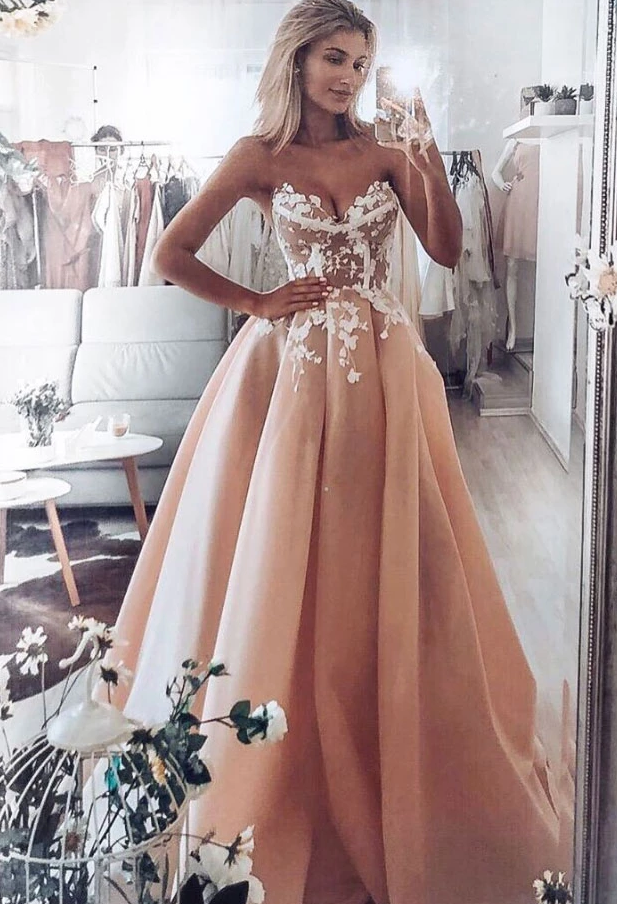 Champagne pink sweetheart tulle lace long prom dress lace evening dress cg4999