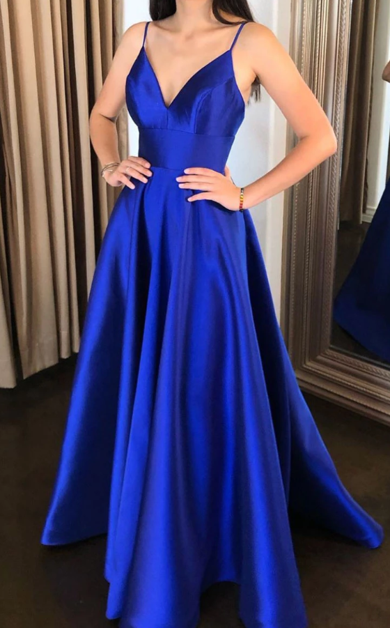 Simple v neck blue satin long prom dress blue evening dress cg5007