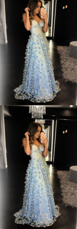 Blue tulle lace long prom dress, blue tulle formal dress cg5020