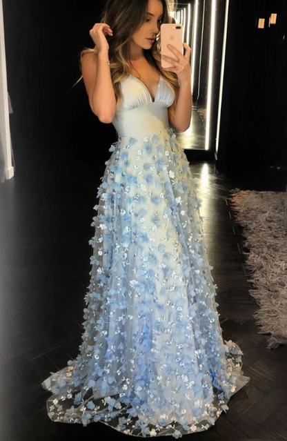Blue tulle lace long prom dress, blue tulle formal dress cg5020