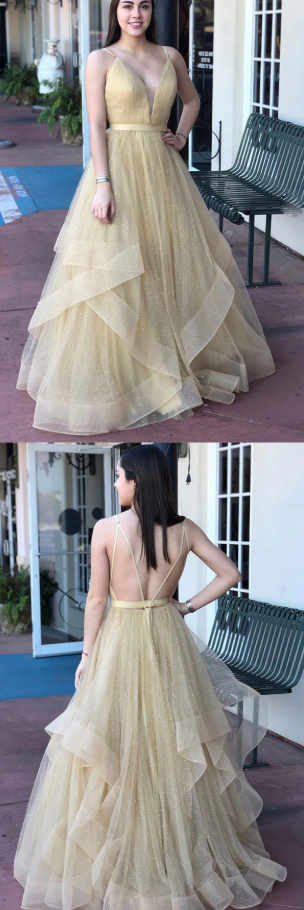 Champagne v neck tulle long prom dress, champagne tulle formal dress cg5021