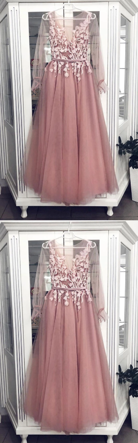 Pink tulle lace long prom dress, pink tulle formal dress cg5025