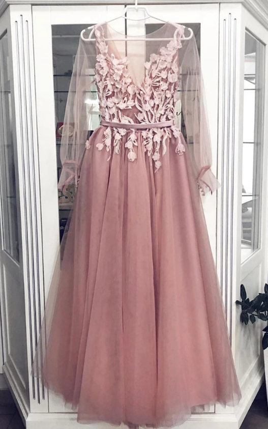 Pink tulle lace long prom dress, pink tulle formal dress cg5025