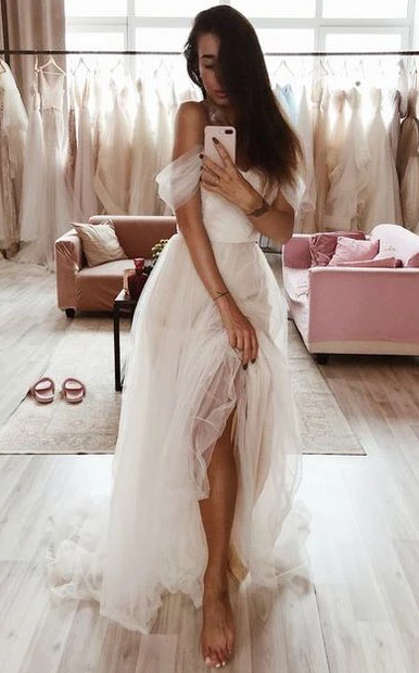 Simple white tulle long prom dress, tulle evening dress cg5036