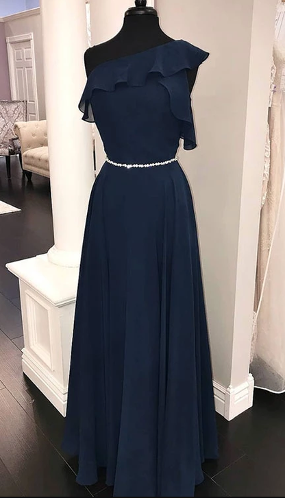 Simple chiffon dark blue long prom dress, bridesmaid dress cg5037