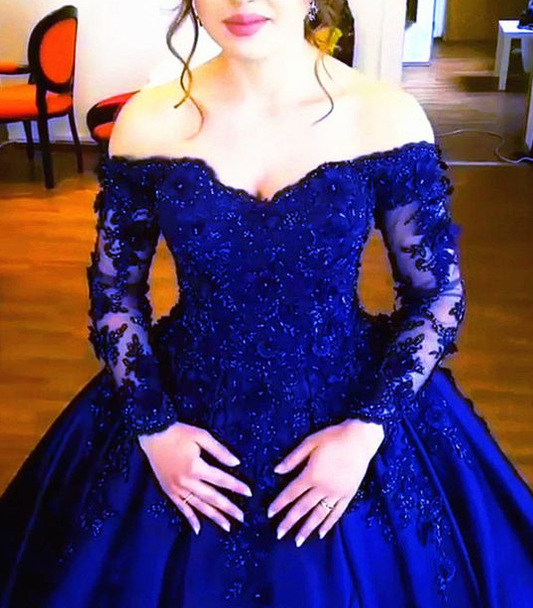 Royal Blue Lace Long Sleeves V-neck Off The Shoulder Satin Wedding Dresses Ball Gowns prom dress cg5045