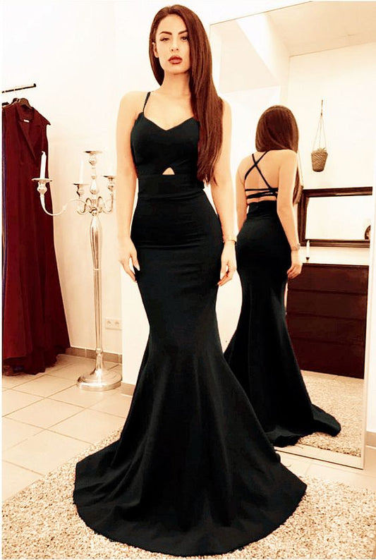 Black mermaid prom dresses open back satin gown cg5046