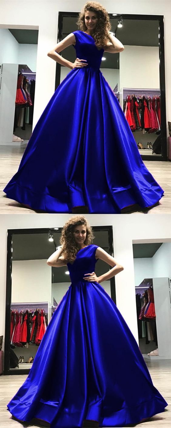 A-line Open Back Long Satin Floor Length Prom Dresses Royal Blue Evening Gowns cg5047