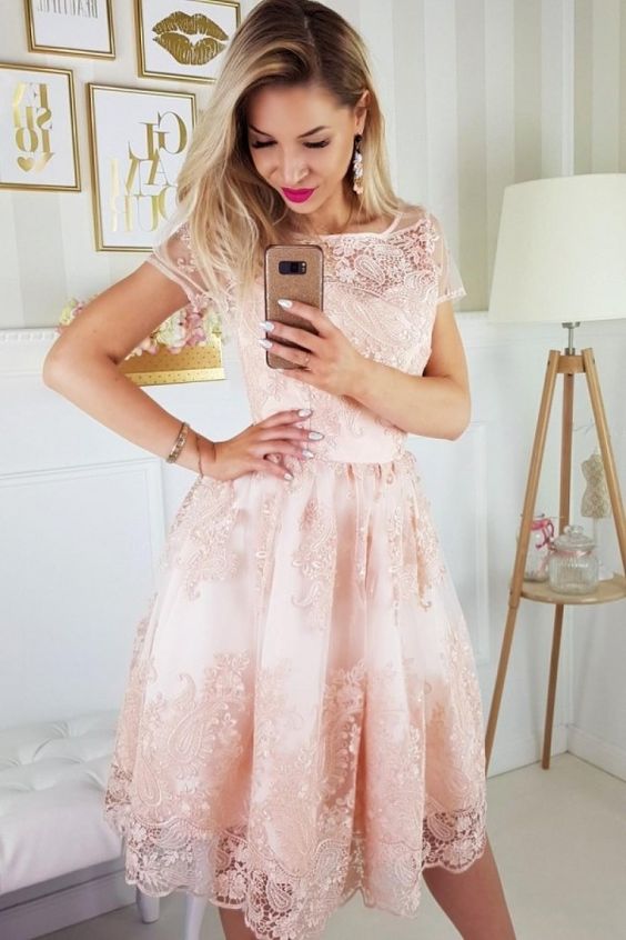 A-Line Round Neck Short Sleeves Knee-Length Pink Homecoming Dress with Appliques cg5071