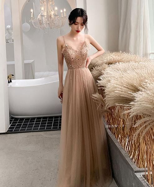 Champagne sweetheart tulle beads long prom dress tulle formal dress cg5076