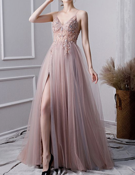 tulle prom long dress leg split beaded v neck formal gown cg5102