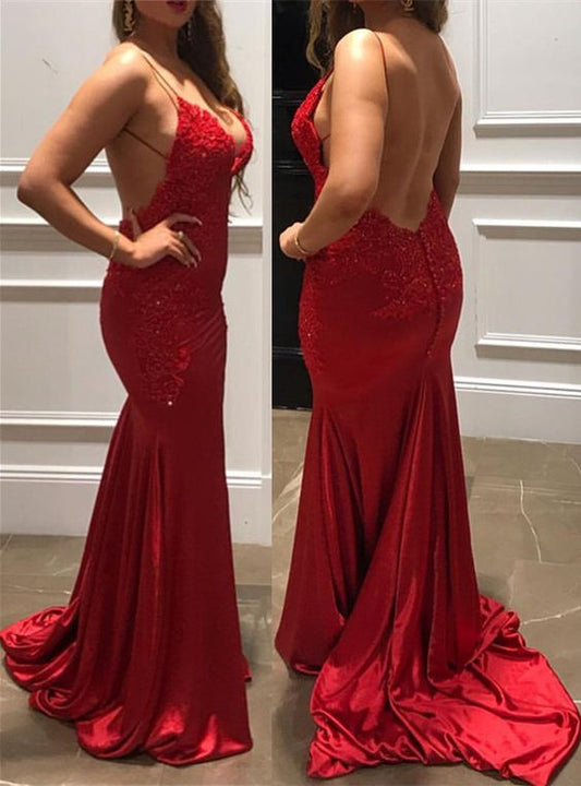 Red Lace Appliques V Neck Open Back Mermaid Prom Dresses Satin cg5104