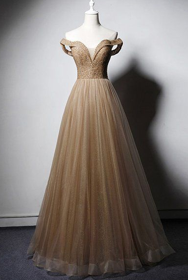 Deep Champagne Off Shoulder Crystal Beaded Long A Line Prom Dress cg5113
