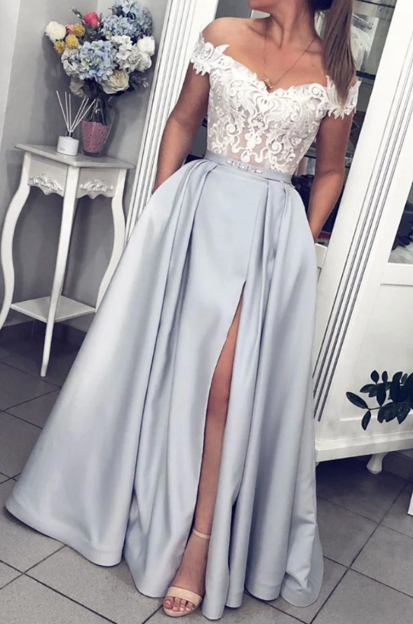 Gray lace off shoulder satin long prom dress gray lace evening dress cg5124
