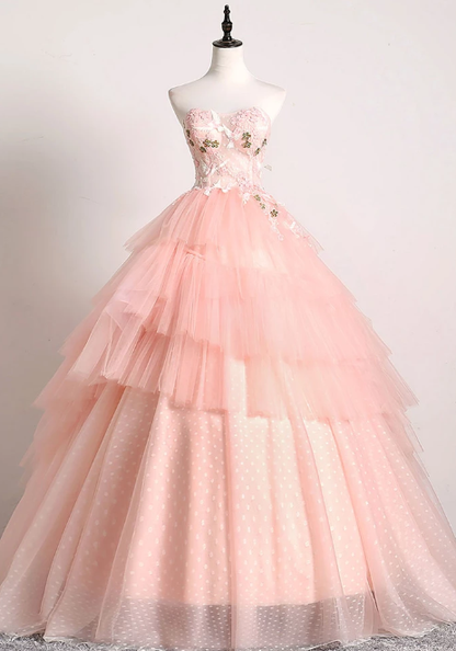 PINK SWEETHEART LACE TULLE LONG PROM GOWN PINK TULLE FORMAL DRESS cg5128