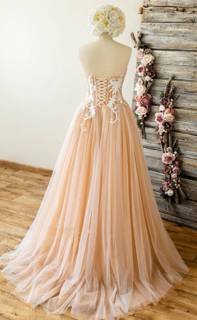 CHAMPAGNE TULLE SWEETHEART LACE LONG PROM DRESS TULLE FORMAL DRESS cg5133