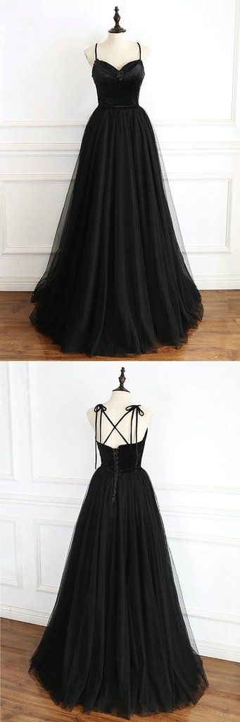 Black Tulle Spaghetti Straps Open Back Long Prom Dress cg5135