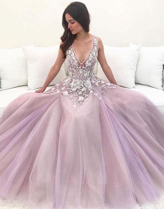 Pink v neck tulle lace long prom dress pink tulle lace evening dress  cg5152