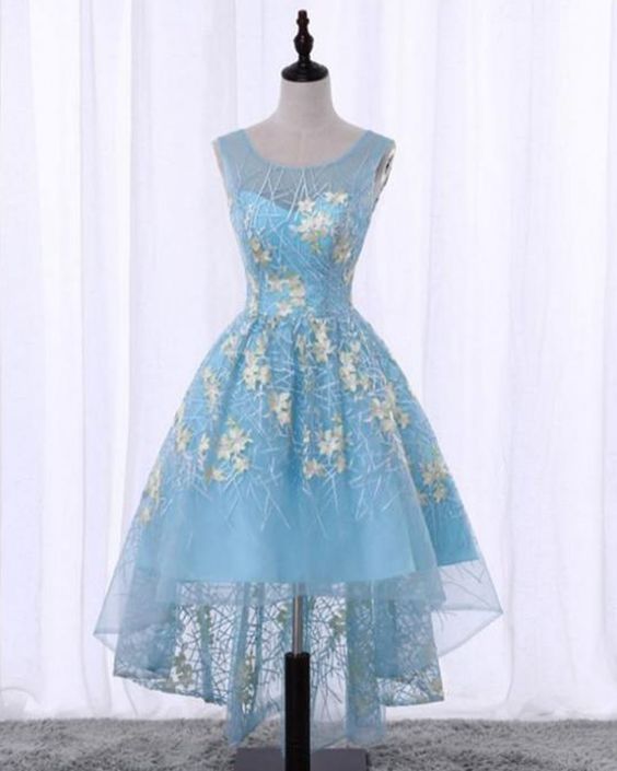 Spring blue lace scoop neck high low homecoming dress with appliques cg5219