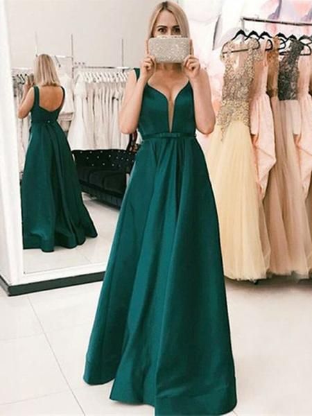 Simple Emerald Green Open Back Floor Length Evening Prom Dresses cg5231