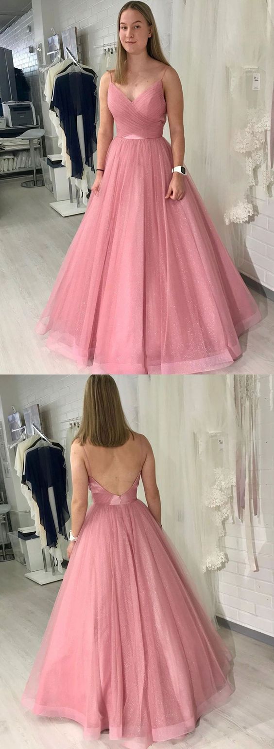 Pink v neck tulle long prom dress, evening dress cg5237