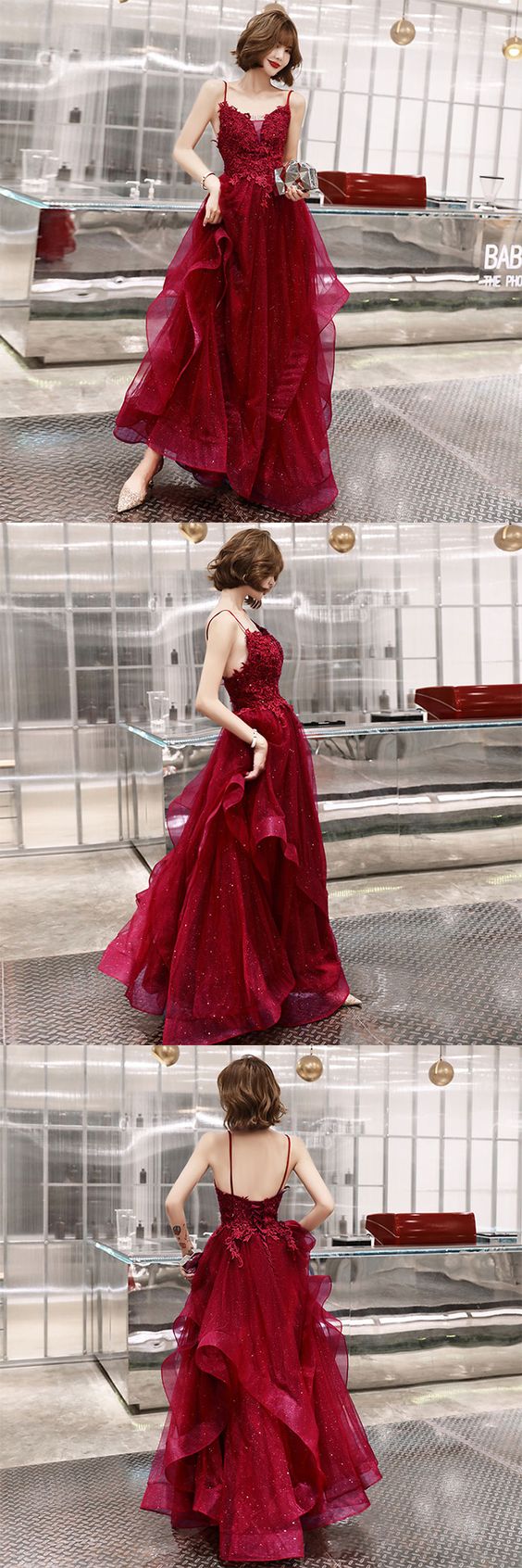 burgundy lace long A line prom dress, lace evening dress cg5247