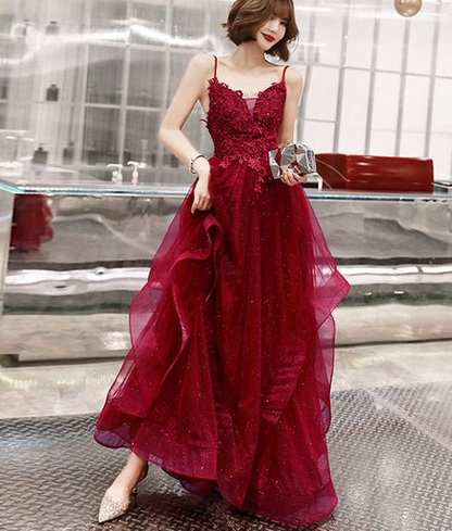 burgundy lace long A line prom dress, lace evening dress cg5247