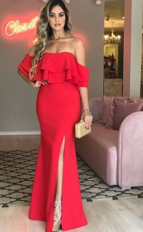 Red Mermaid Prom Dresses Strapless Off the Shoulder Side Slit Evening Formal Gowns cg5264