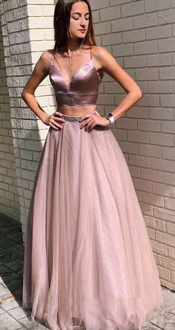 Sexy Spaghetti Straps Two Piece Prom Dresses With Beading cg5291