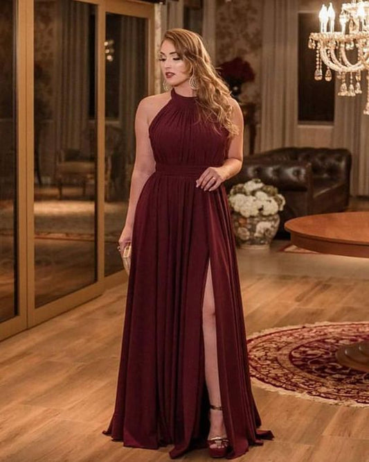 Sexy Bridesmaid prom Dresses Long Chiffon Halter Split Gowns cg5307