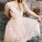 A-Line Crew Short Sleeves Pink Tulle Homecoming Party Dress With Embroidery ,cheap homecoming dress cg535