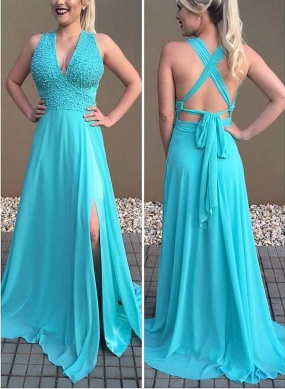 A-line Deep V neck Sleeveless Prom Dresses cg5369