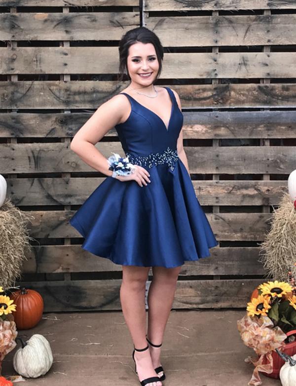 A-Line V-Neck Short Navy Blue Satin Homecoming Cocktail Dress With Beading  cg537