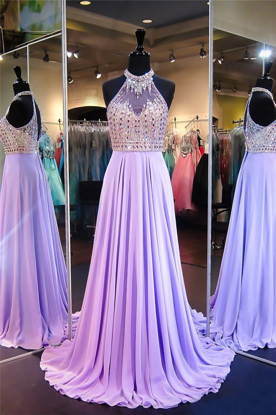 Gorgeous Halter Open Back Long Lilac Chiffon Beaded Prom Dress cg5379